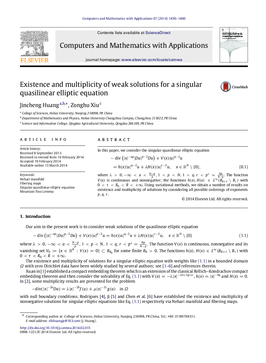 Existence and multiplicity of weak solutions for a singular quasilinear elliptic equation