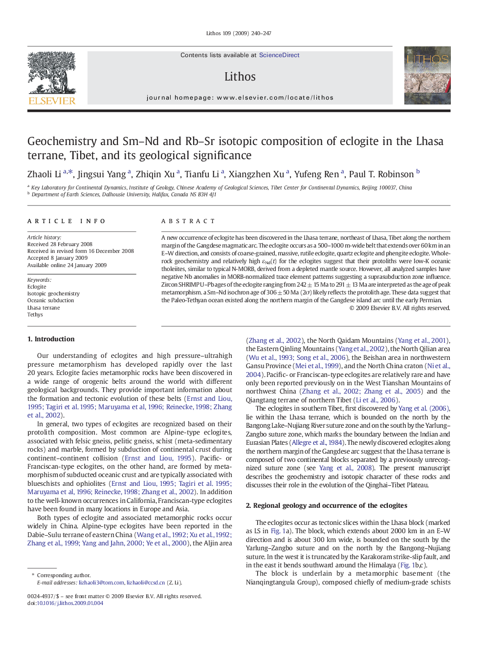 Geochemistry and Sm-Nd and Rb-Sr isotopic composition of eclogite in the Lhasa terrane, Tibet, and its geological significance