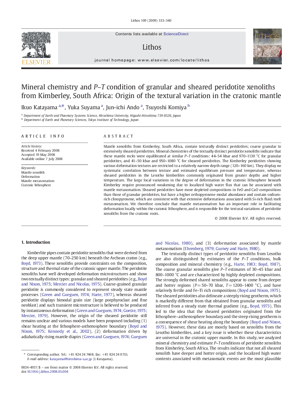 Mineral chemistry and P–T condition of granular and sheared peridotite xenoliths from Kimberley, South Africa: Origin of the textural variation in the cratonic mantle