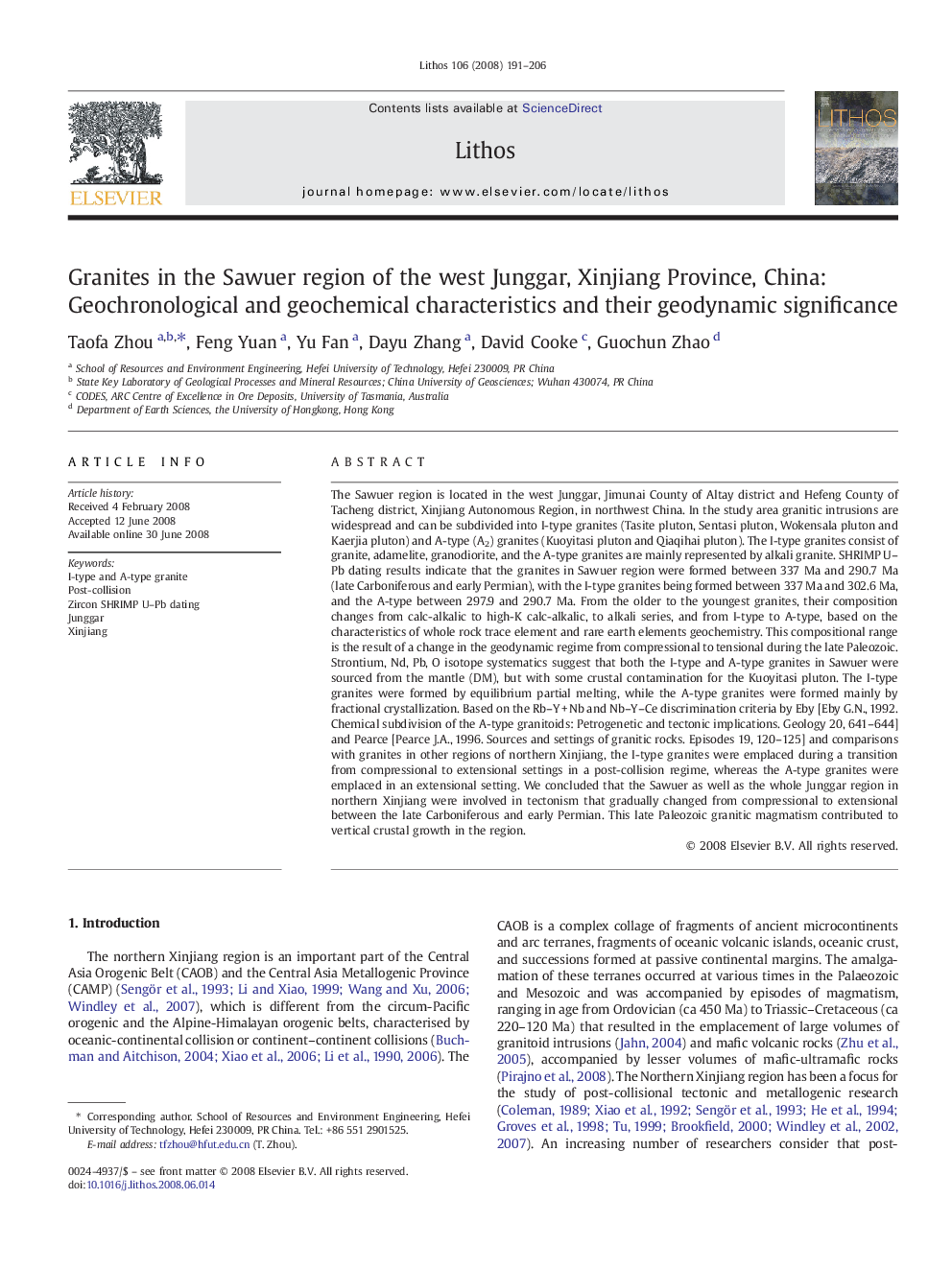 Granites in the Sawuer region of the west Junggar, Xinjiang Province, China: Geochronological and geochemical characteristics and their geodynamic significance