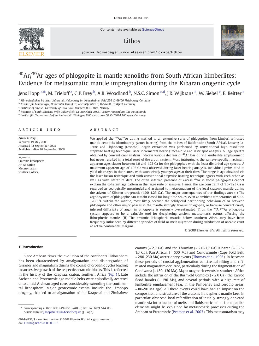 40Ar/39Ar-ages of phlogopite in mantle xenoliths from South African kimberlites: Evidence for metasomatic mantle impregnation during the Kibaran orogenic cycle