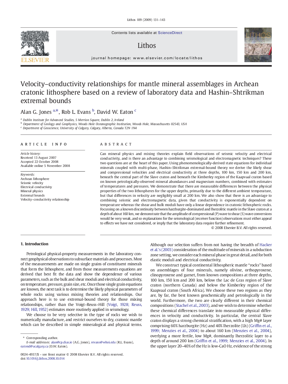 Velocity–conductivity relationships for mantle mineral assemblages in Archean cratonic lithosphere based on a review of laboratory data and Hashin–Shtrikman extremal bounds