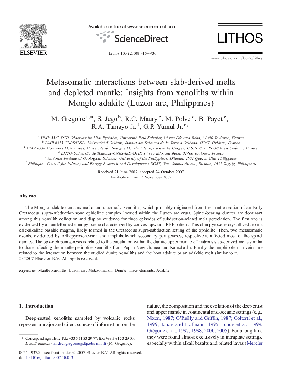 Metasomatic interactions between slab-derived melts and depleted mantle: Insights from xenoliths within Monglo adakite (Luzon arc, Philippines)