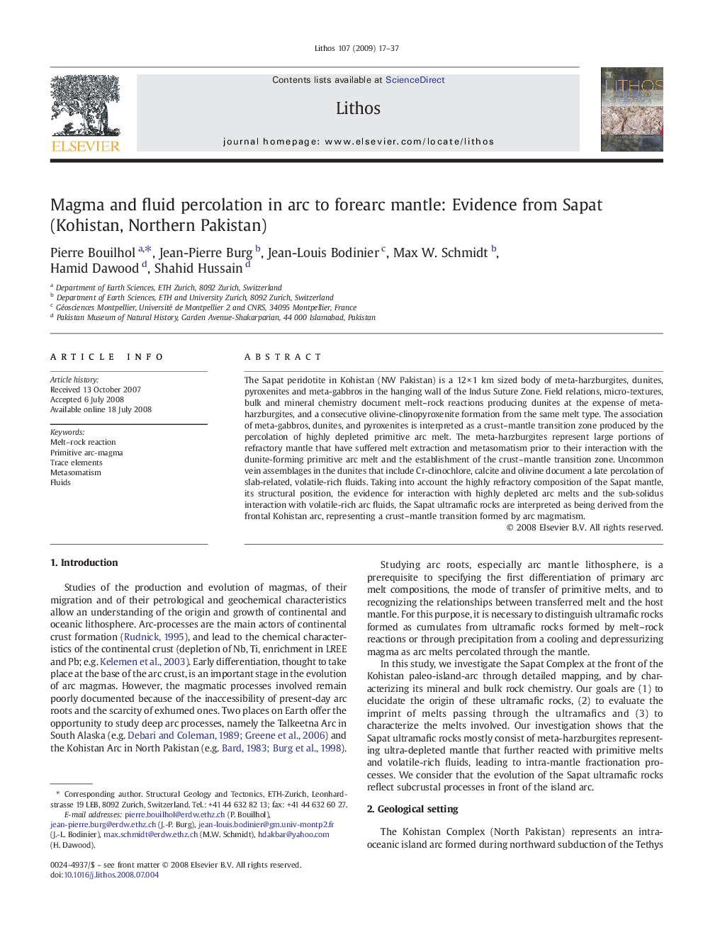 Magma and fluid percolation in arc to forearc mantle: Evidence from Sapat (Kohistan, Northern Pakistan)