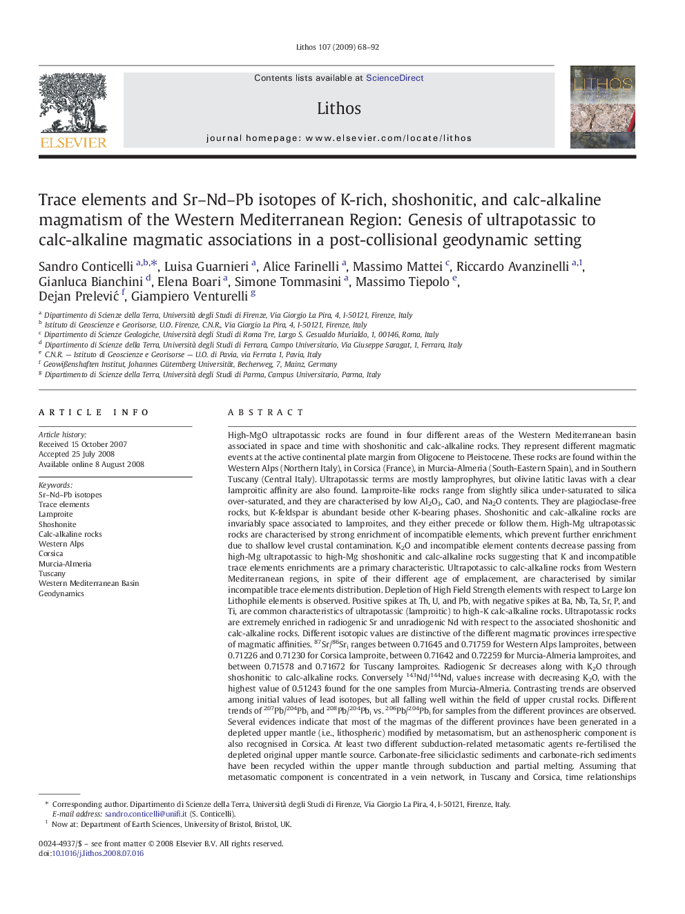 Trace elements and Sr–Nd–Pb isotopes of K-rich, shoshonitic, and calc-alkaline magmatism of the Western Mediterranean Region: Genesis of ultrapotassic to calc-alkaline magmatic associations in a post-collisional geodynamic setting