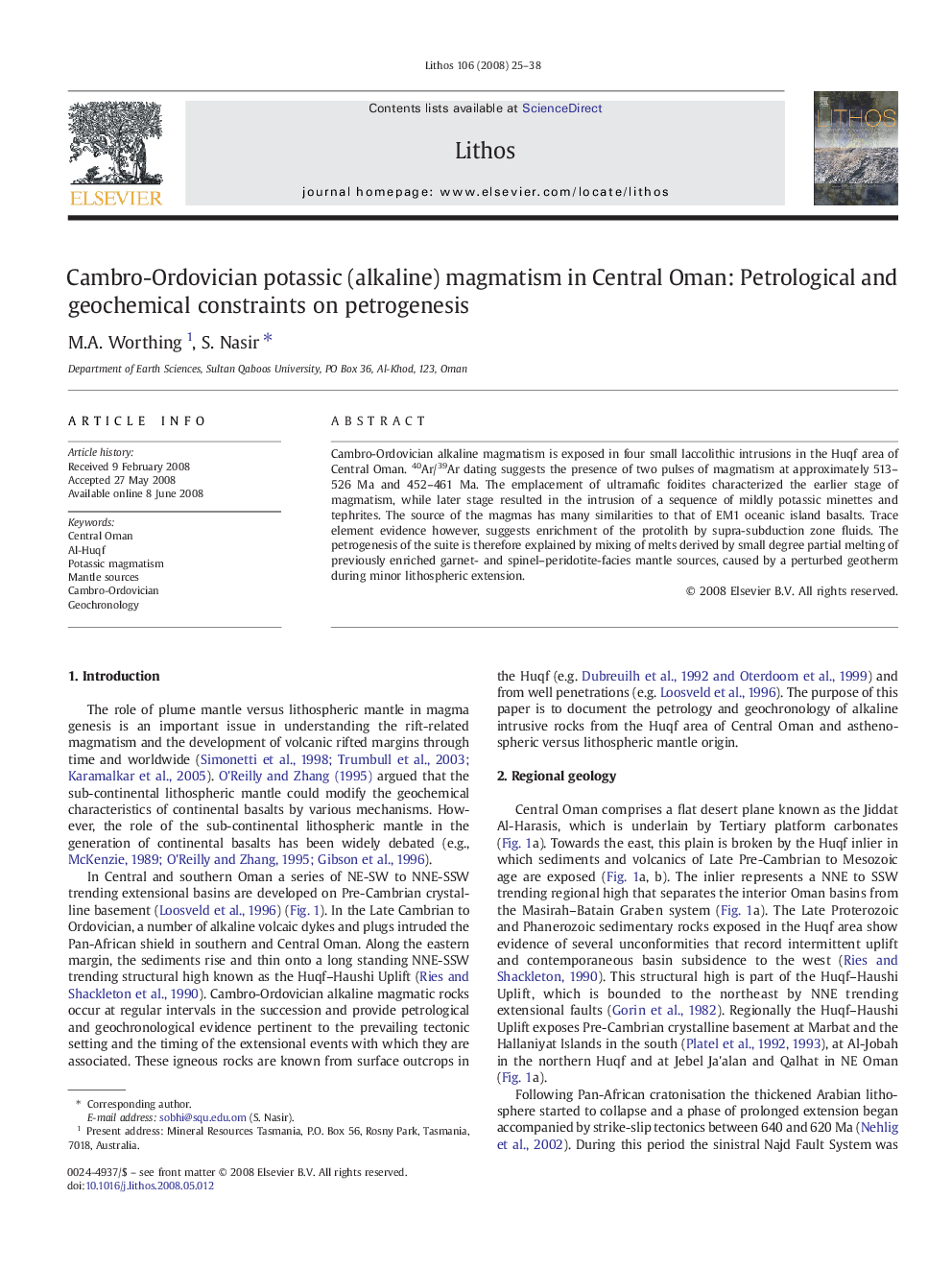 Cambro-Ordovician potassic (alkaline) magmatism in Central Oman: Petrological and geochemical constraints on petrogenesis