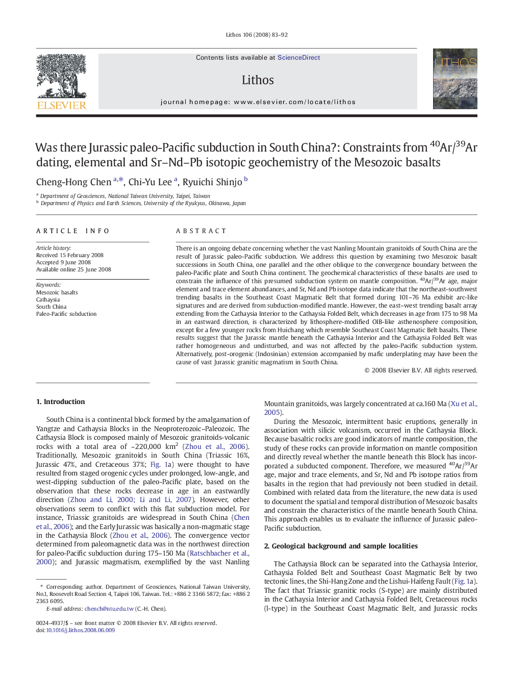 Was there Jurassic paleo-Pacific subduction in South China?: Constraints from 40Ar/39Ar dating, elemental and Sr–Nd–Pb isotopic geochemistry of the Mesozoic basalts