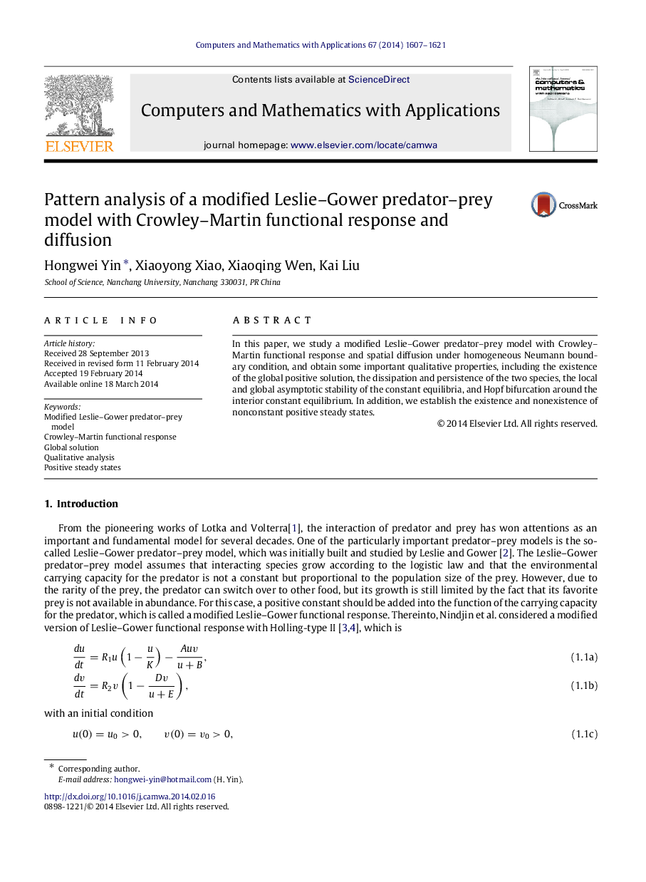 Pattern analysis of a modified Leslie–Gower predator–prey model with Crowley–Martin functional response and diffusion