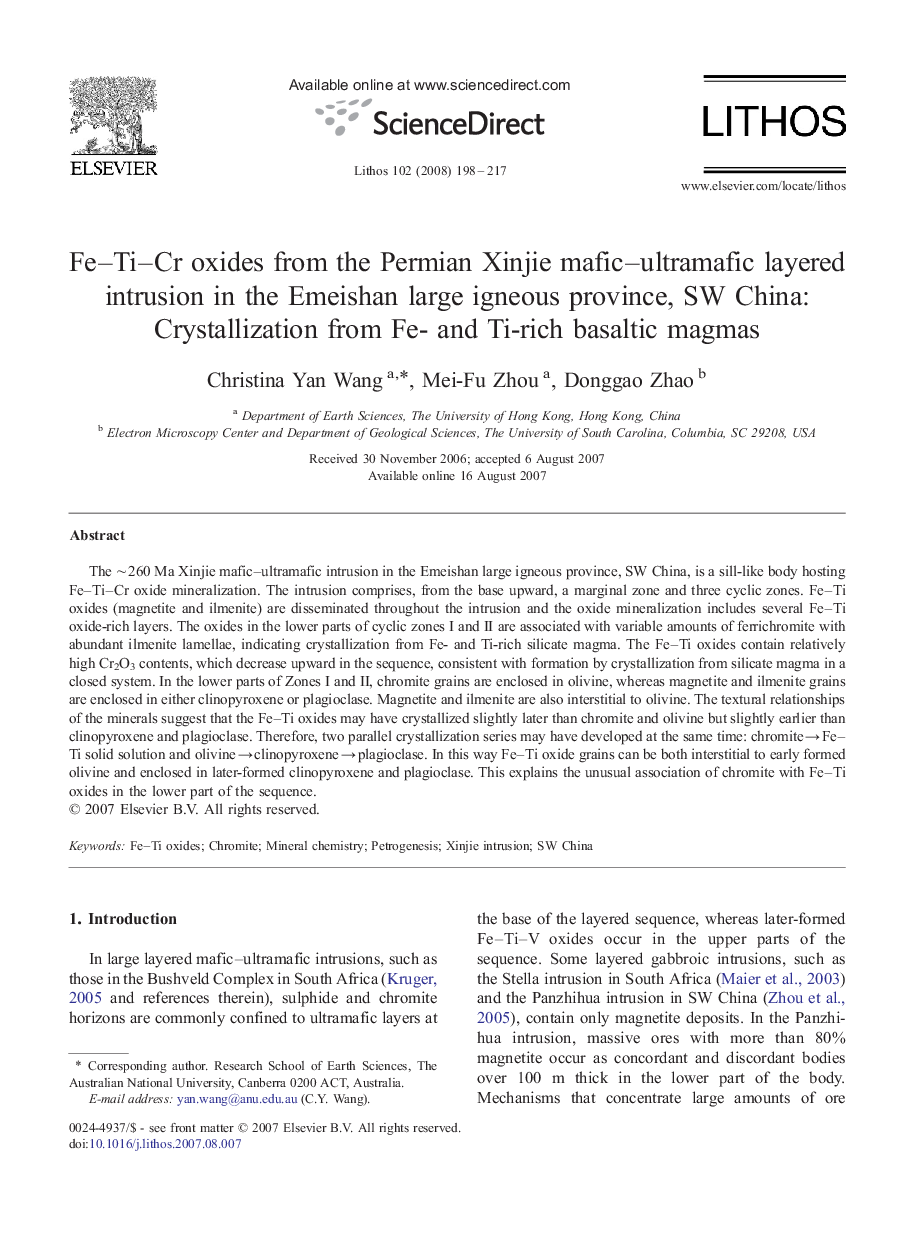 Fe–Ti–Cr oxides from the Permian Xinjie mafic–ultramafic layered intrusion in the Emeishan large igneous province, SW China: Crystallization from Fe- and Ti-rich basaltic magmas