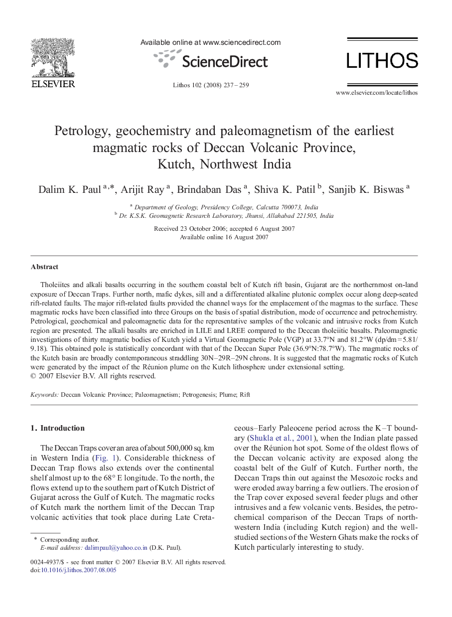 Petrology, geochemistry and paleomagnetism of the earliest magmatic rocks of Deccan Volcanic Province, Kutch, Northwest India