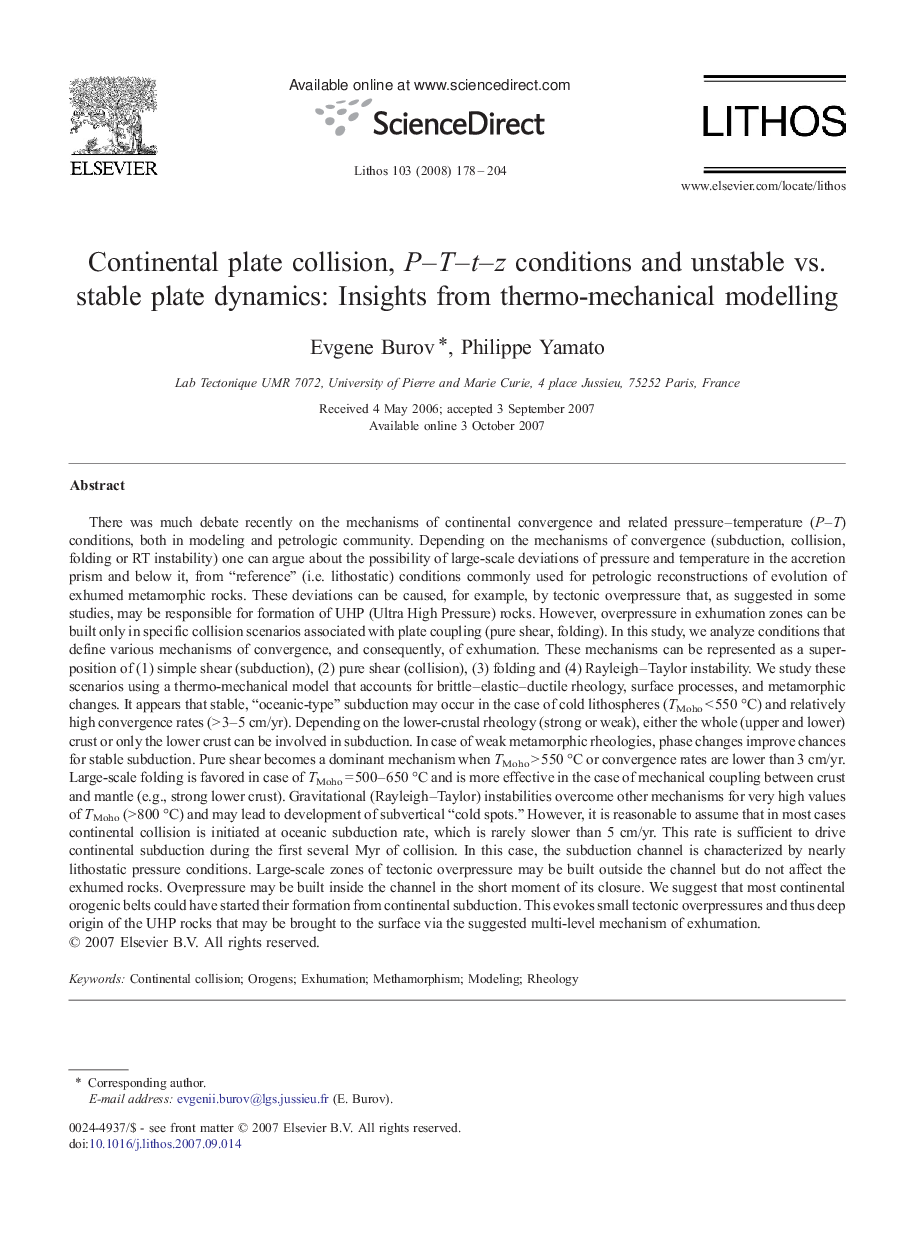 Continental plate collision, P–T–t–z conditions and unstable vs. stable plate dynamics: Insights from thermo-mechanical modelling