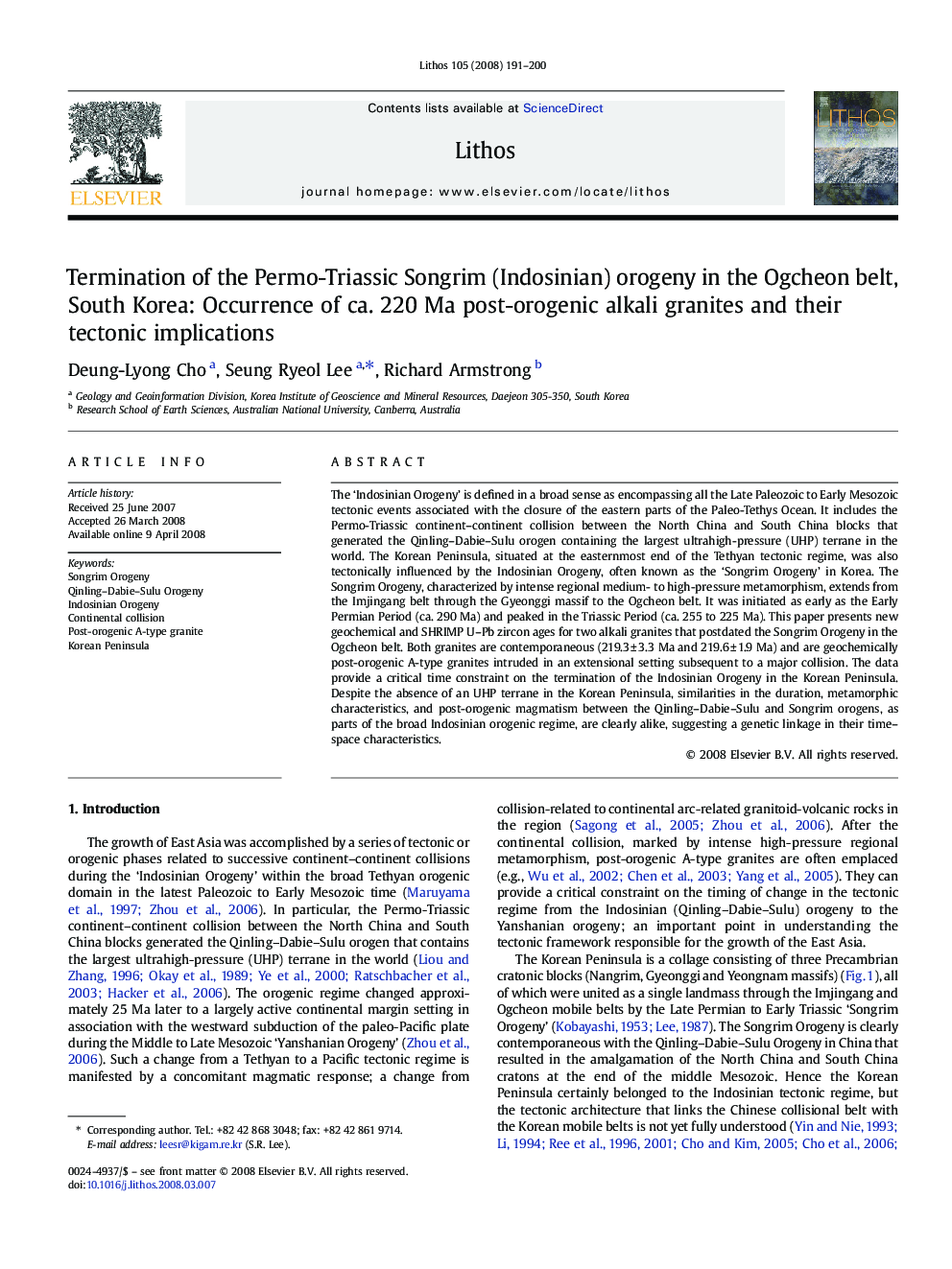 Termination of the Permo-Triassic Songrim (Indosinian) orogeny in the Ogcheon belt, South Korea: Occurrence of ca. 220 Ma post-orogenic alkali granites and their tectonic implications