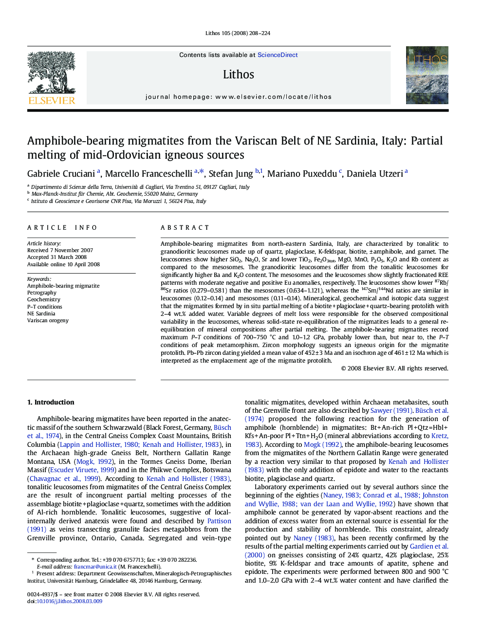 Amphibole-bearing migmatites from the Variscan Belt of NE Sardinia, Italy: Partial melting of mid-Ordovician igneous sources