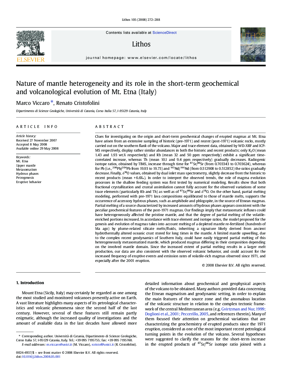 Nature of mantle heterogeneity and its role in the short-term geochemical and volcanological evolution of Mt. Etna (Italy)