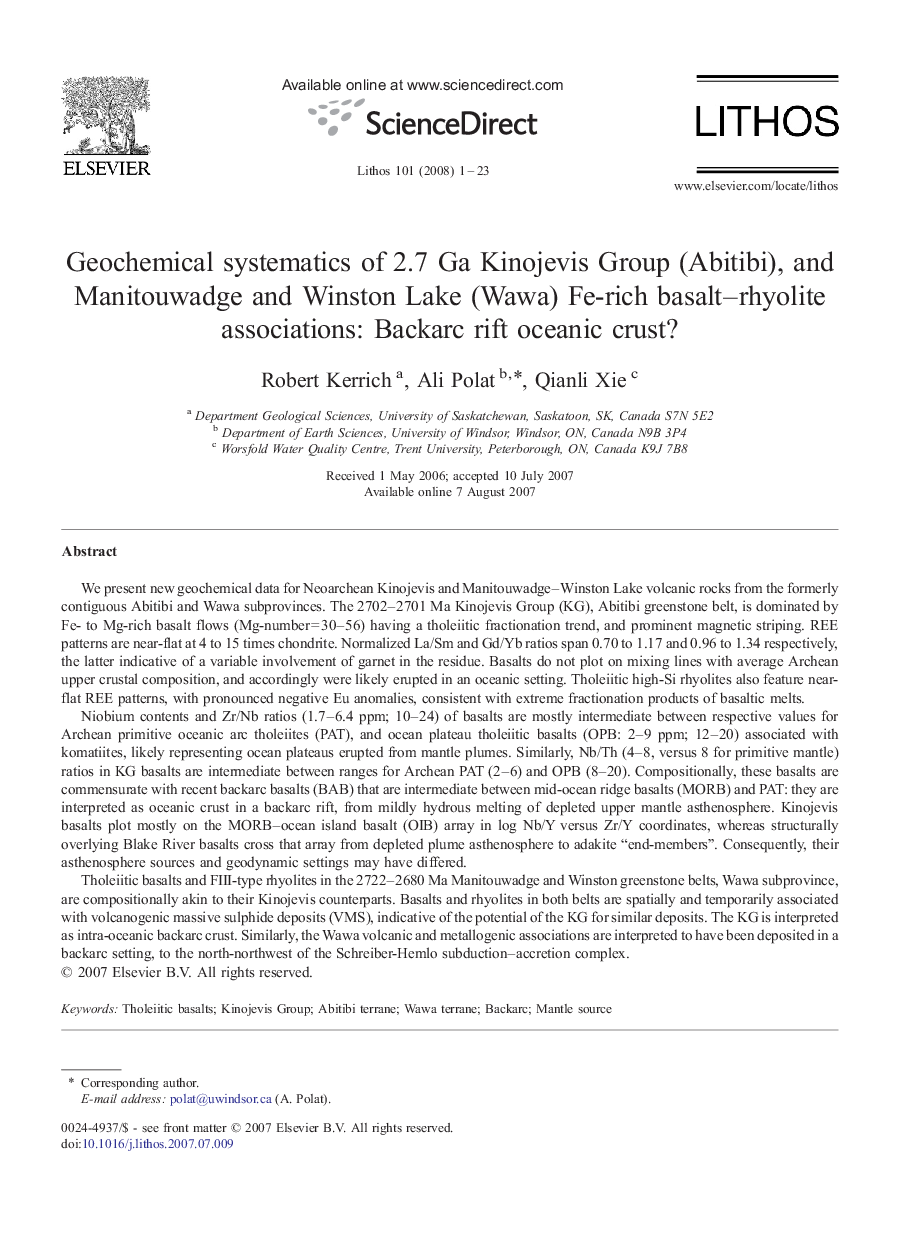 Geochemical systematics of 2.7 Ga Kinojevis Group (Abitibi), and Manitouwadge and Winston Lake (Wawa) Fe-rich basalt–rhyolite associations: Backarc rift oceanic crust?