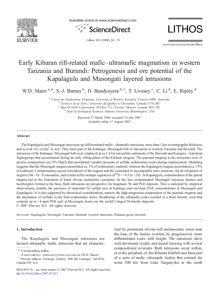 Early Kibaran rift-related mafic–ultramafic magmatism in western Tanzania and Burundi: Petrogenesis and ore potential of the Kapalagulu and Musongati layered intrusions