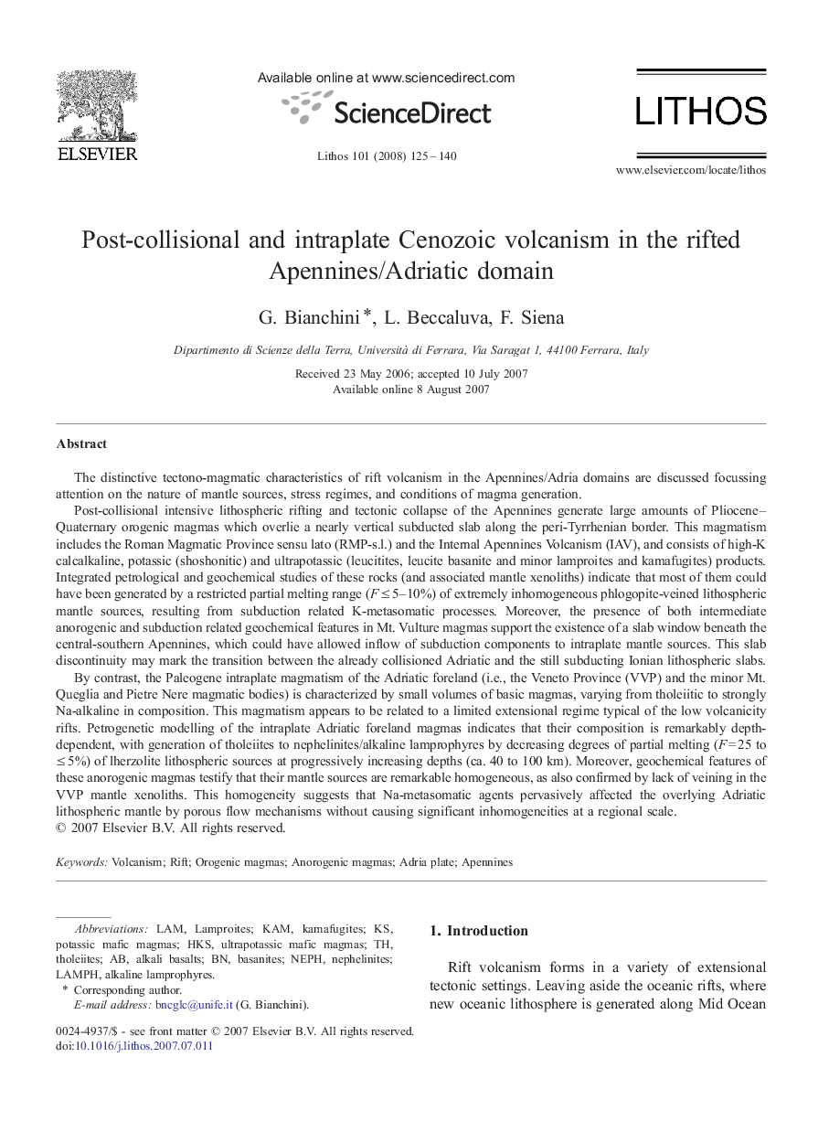 Post-collisional and intraplate Cenozoic volcanism in the rifted Apennines/Adriatic domain