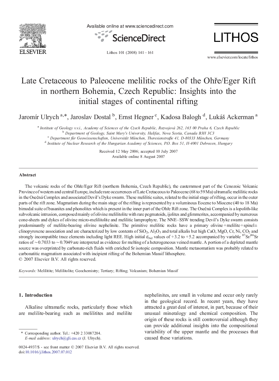 Late Cretaceous to Paleocene melilitic rocks of the Ohře/Eger Rift in northern Bohemia, Czech Republic: Insights into the initial stages of continental rifting