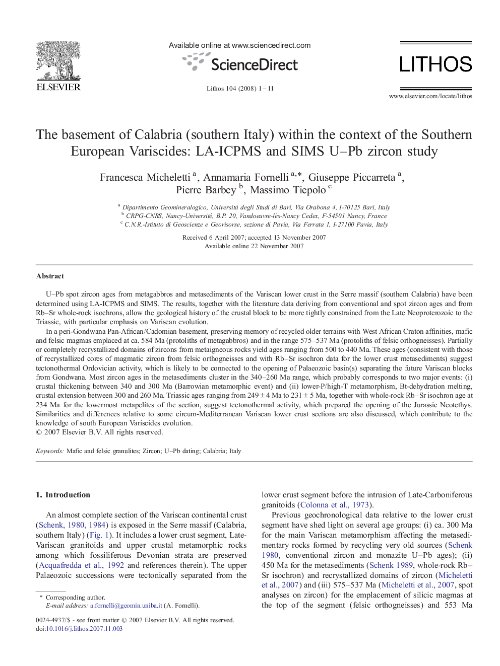 The basement of Calabria (southern Italy) within the context of the Southern European Variscides: LA-ICPMS and SIMS U–Pb zircon study