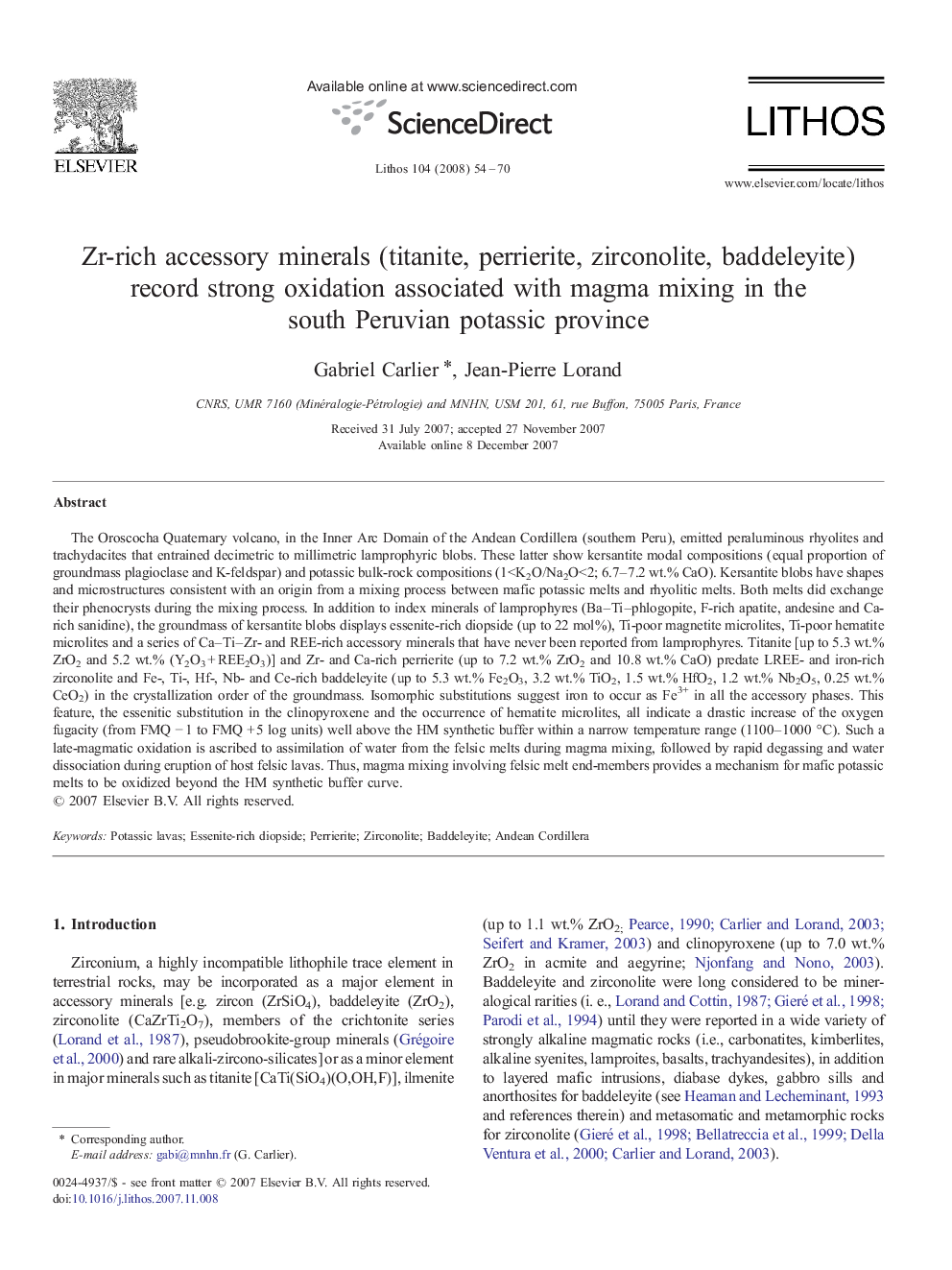 Zr-rich accessory minerals (titanite, perrierite, zirconolite, baddeleyite) record strong oxidation associated with magma mixing in the south Peruvian potassic province