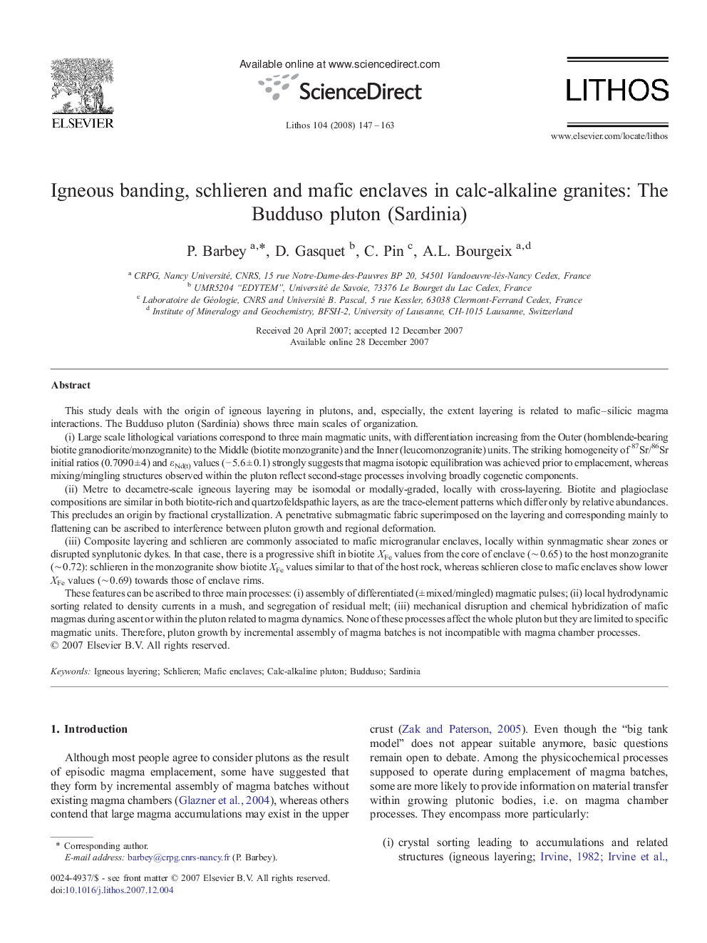 Igneous banding, schlieren and mafic enclaves in calc-alkaline granites: The Budduso pluton (Sardinia)