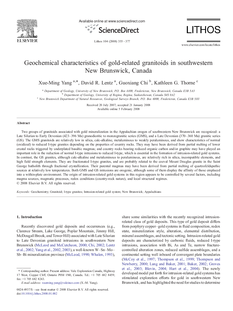 Geochemical characteristics of gold-related granitoids in southwestern New Brunswick, Canada