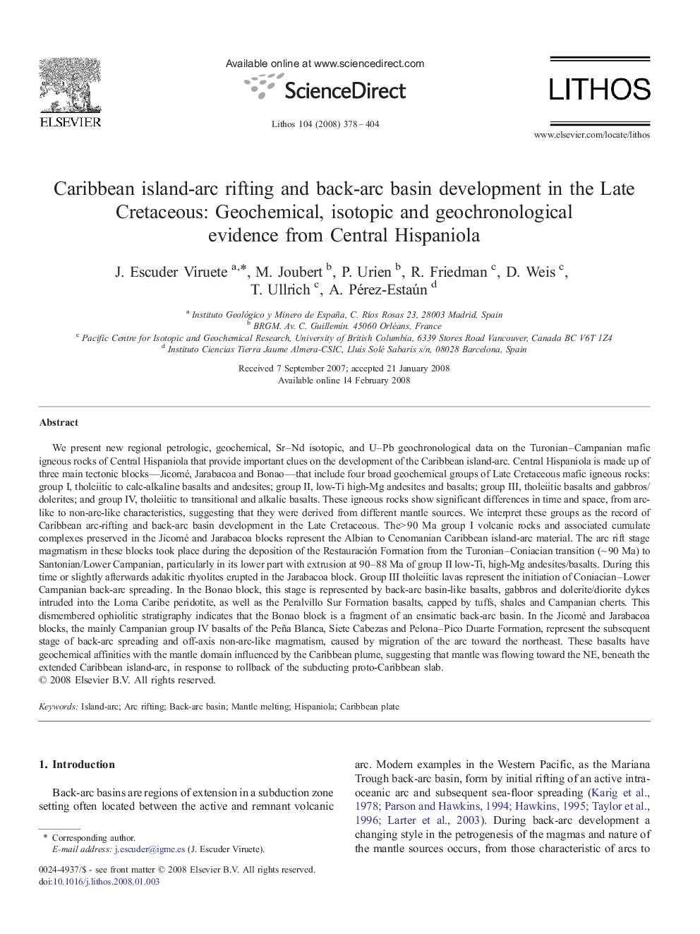 Caribbean island-arc rifting and back-arc basin development in the Late Cretaceous: Geochemical, isotopic and geochronological evidence from Central Hispaniola