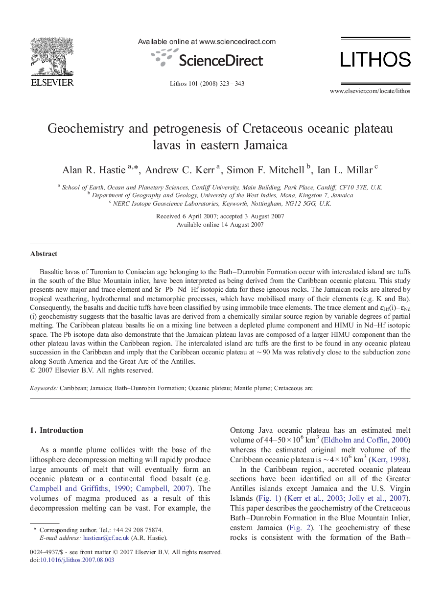 Geochemistry and petrogenesis of Cretaceous oceanic plateau lavas in eastern Jamaica