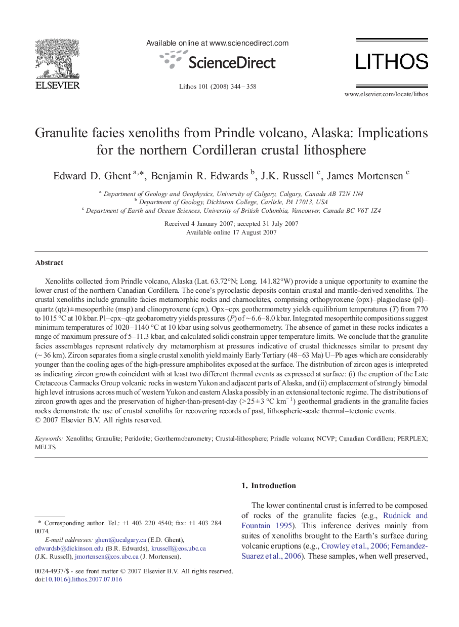 Granulite facies xenoliths from Prindle volcano, Alaska: Implications for the northern Cordilleran crustal lithosphere