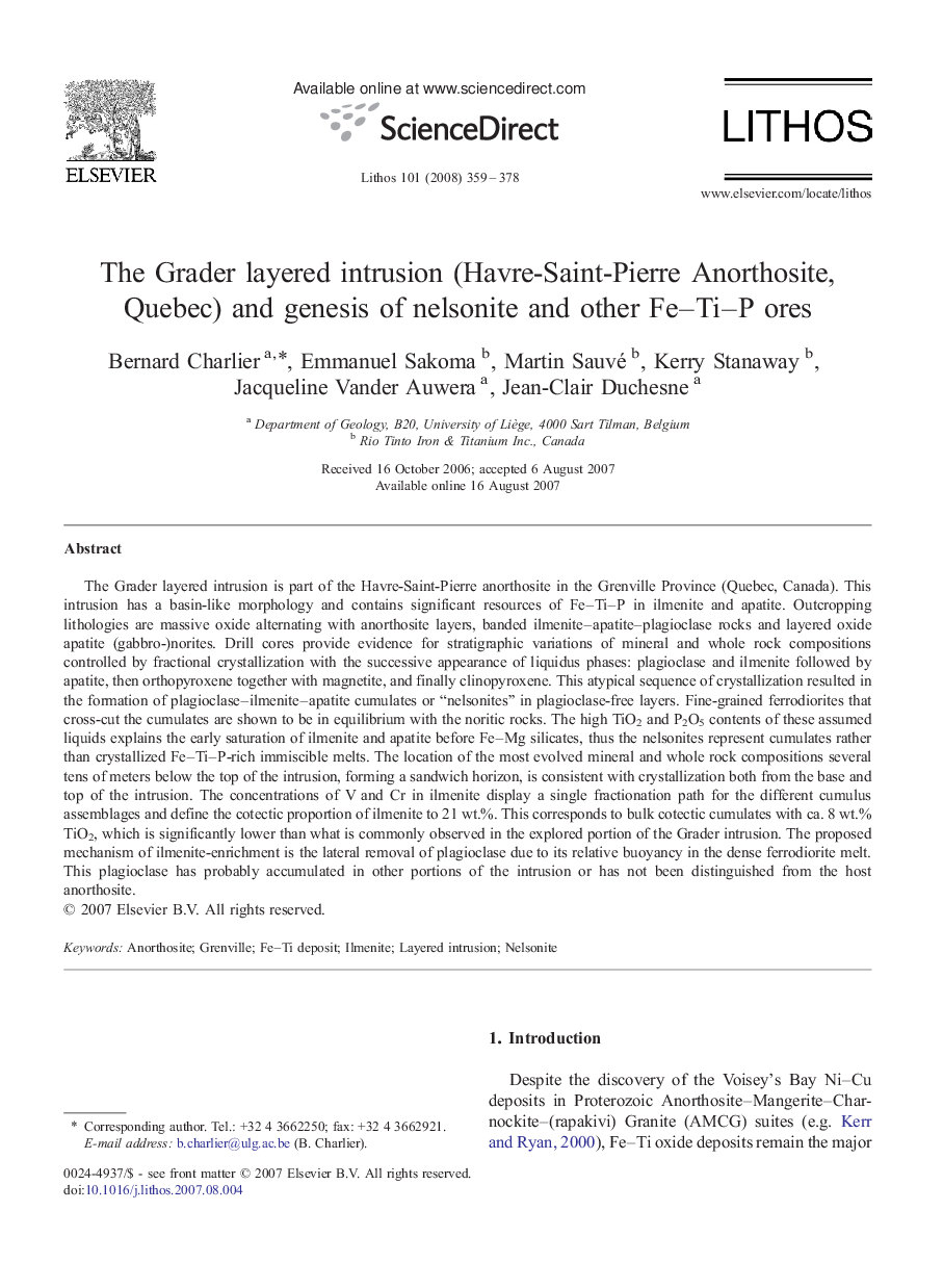 The Grader layered intrusion (Havre-Saint-Pierre Anorthosite, Quebec) and genesis of nelsonite and other Fe–Ti–P ores