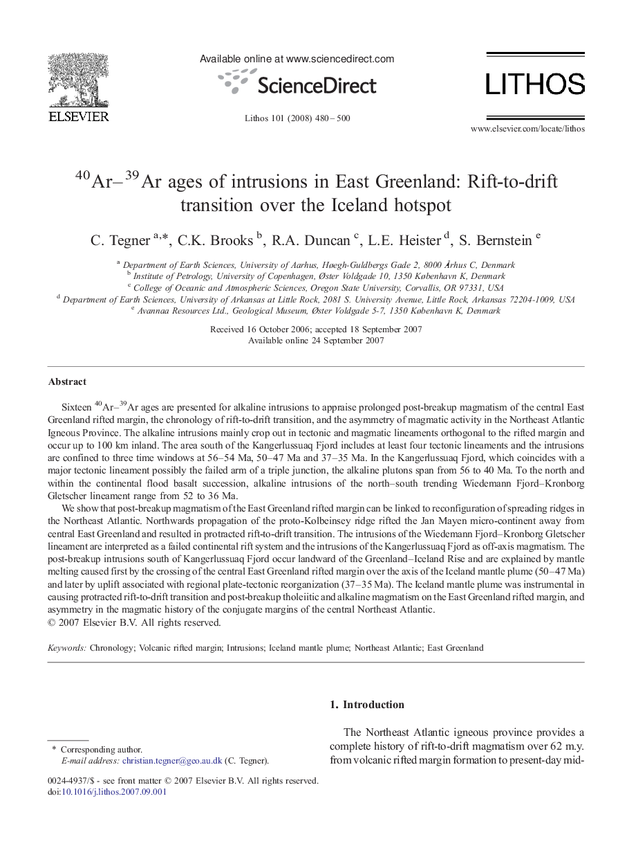 40Ar–39Ar ages of intrusions in East Greenland: Rift-to-drift transition over the Iceland hotspot