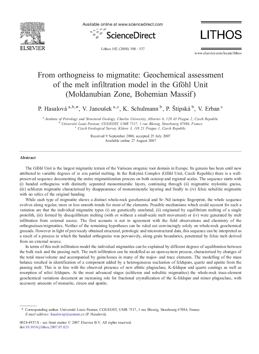 From orthogneiss to migmatite: Geochemical assessment of the melt infiltration model in the Gföhl Unit (Moldanubian Zone, Bohemian Massif)