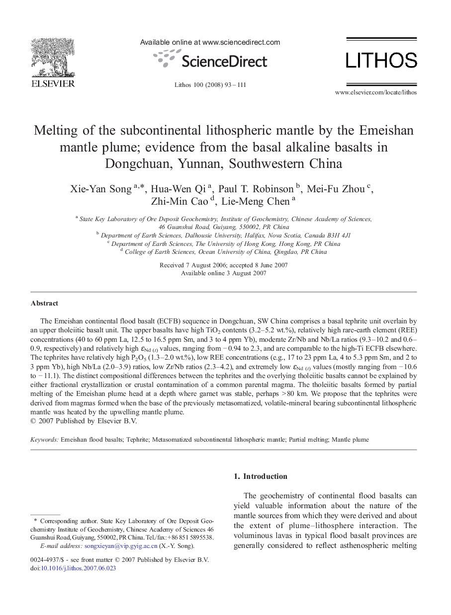 Melting of the subcontinental lithospheric mantle by the Emeishan mantle plume; evidence from the basal alkaline basalts in Dongchuan, Yunnan, Southwestern China