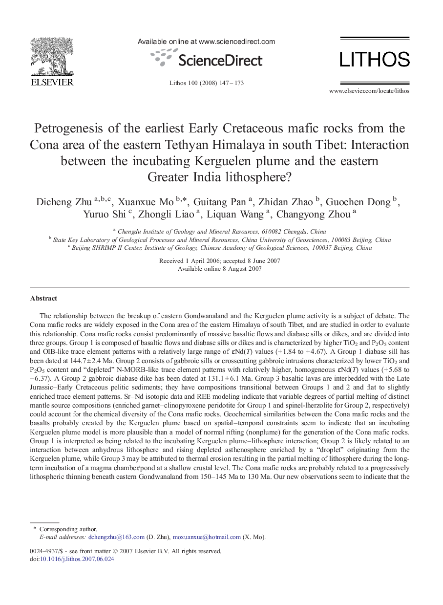 Petrogenesis of the earliest Early Cretaceous mafic rocks from the Cona area of the eastern Tethyan Himalaya in south Tibet: Interaction between the incubating Kerguelen plume and the eastern Greater India lithosphere?