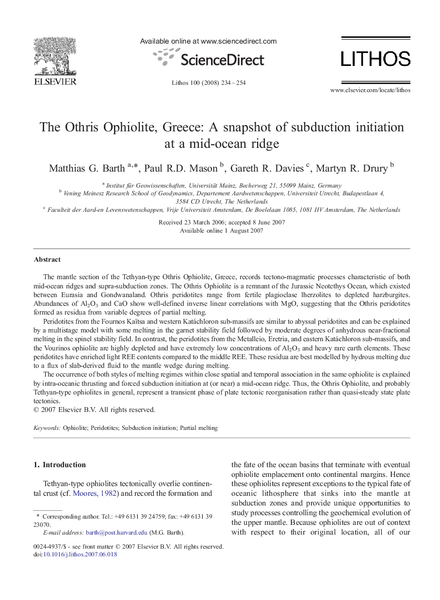 The Othris Ophiolite, Greece: A snapshot of subduction initiation at a mid-ocean ridge