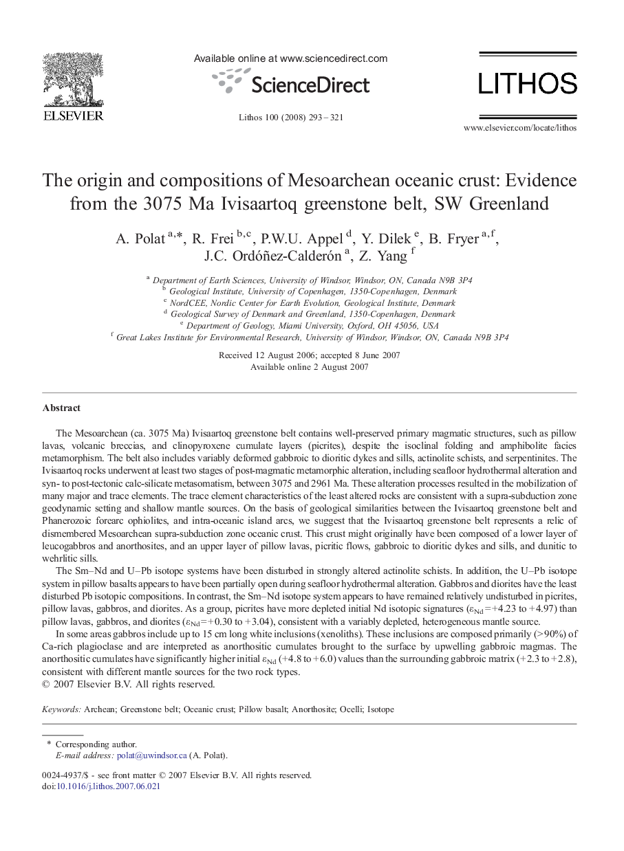 The origin and compositions of Mesoarchean oceanic crust: Evidence from the 3075Â Ma Ivisaartoq greenstone belt, SW Greenland