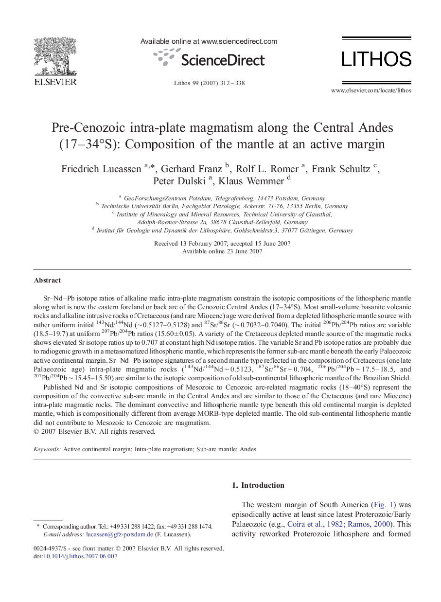 Pre-Cenozoic intra-plate magmatism along the Central Andes (17–34°S): Composition of the mantle at an active margin