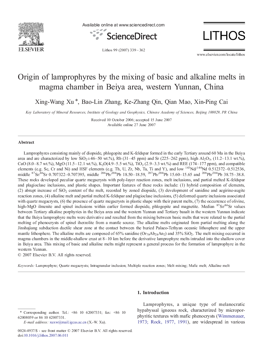 Origin of lamprophyres by the mixing of basic and alkaline melts in magma chamber in Beiya area, western Yunnan, China