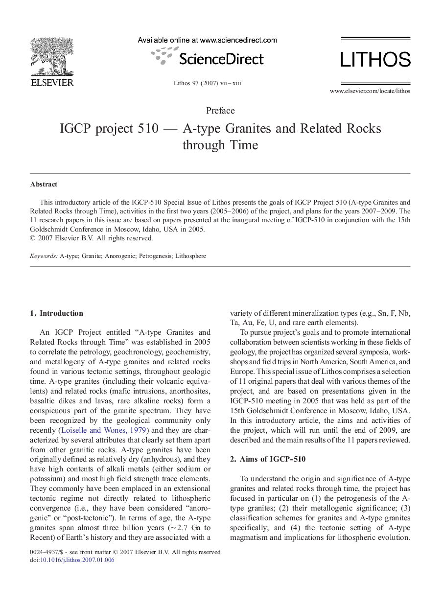 IGCP project 510 — A-type Granites and Related Rocks through Time