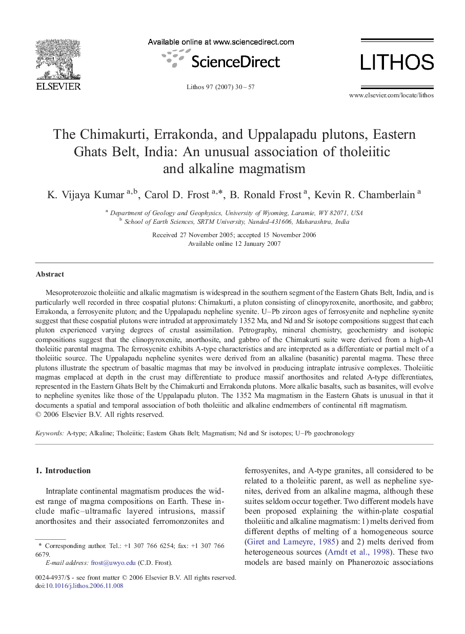 The Chimakurti, Errakonda, and Uppalapadu plutons, Eastern Ghats Belt, India: An unusual association of tholeiitic and alkaline magmatism