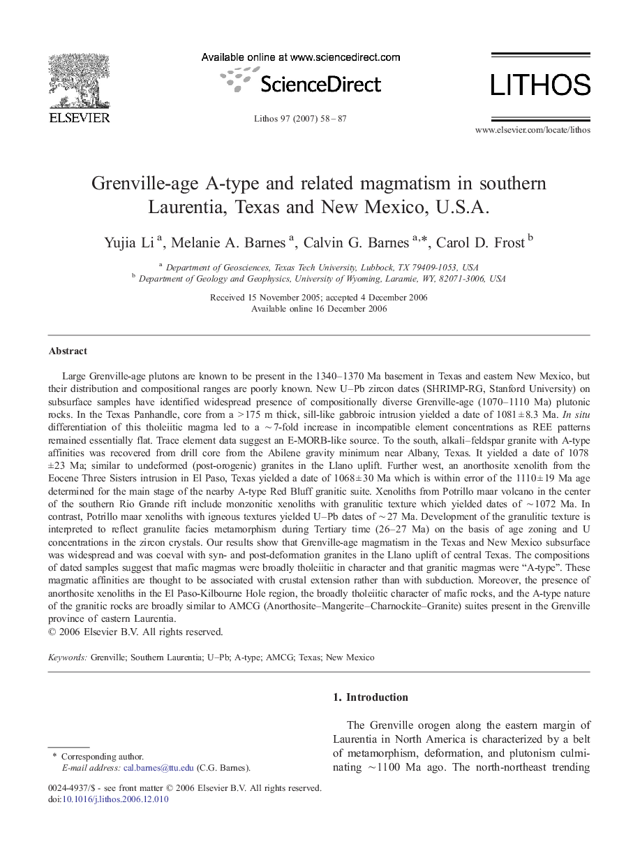 Grenville-age A-type and related magmatism in southern Laurentia, Texas and New Mexico, U.S.A.