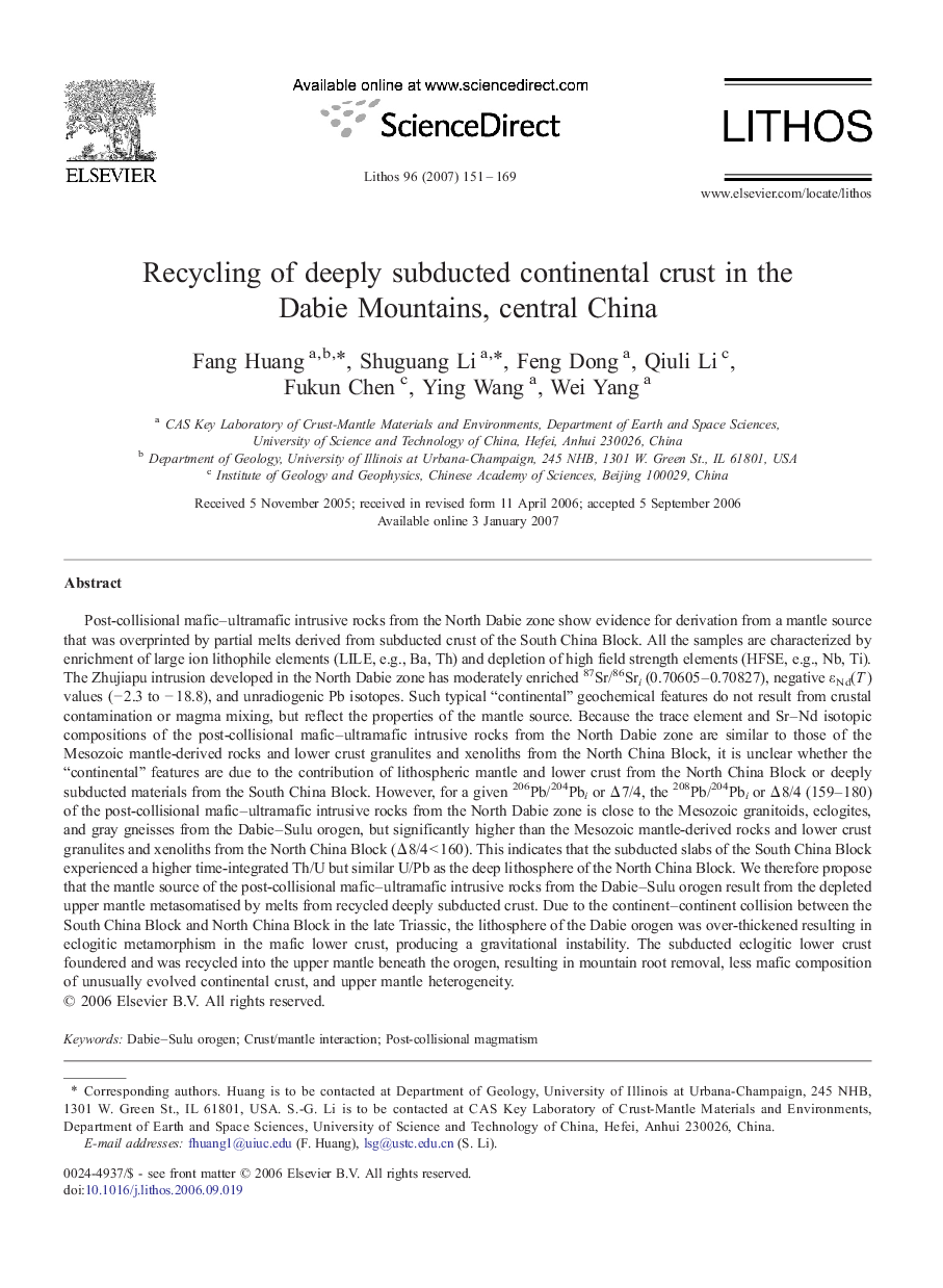 Recycling of deeply subducted continental crust in the Dabie Mountains, central China