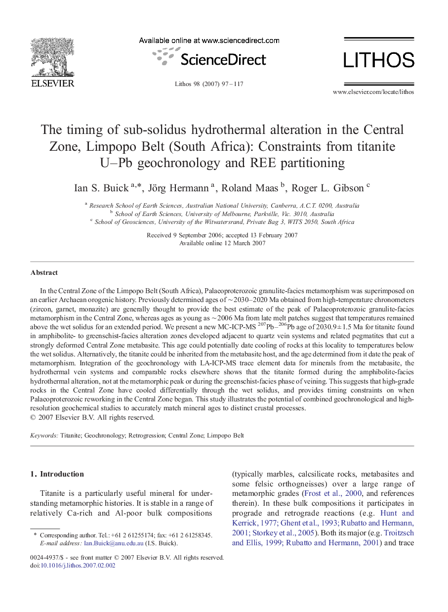 The timing of sub-solidus hydrothermal alteration in the Central Zone, Limpopo Belt (South Africa): Constraints from titanite U–Pb geochronology and REE partitioning