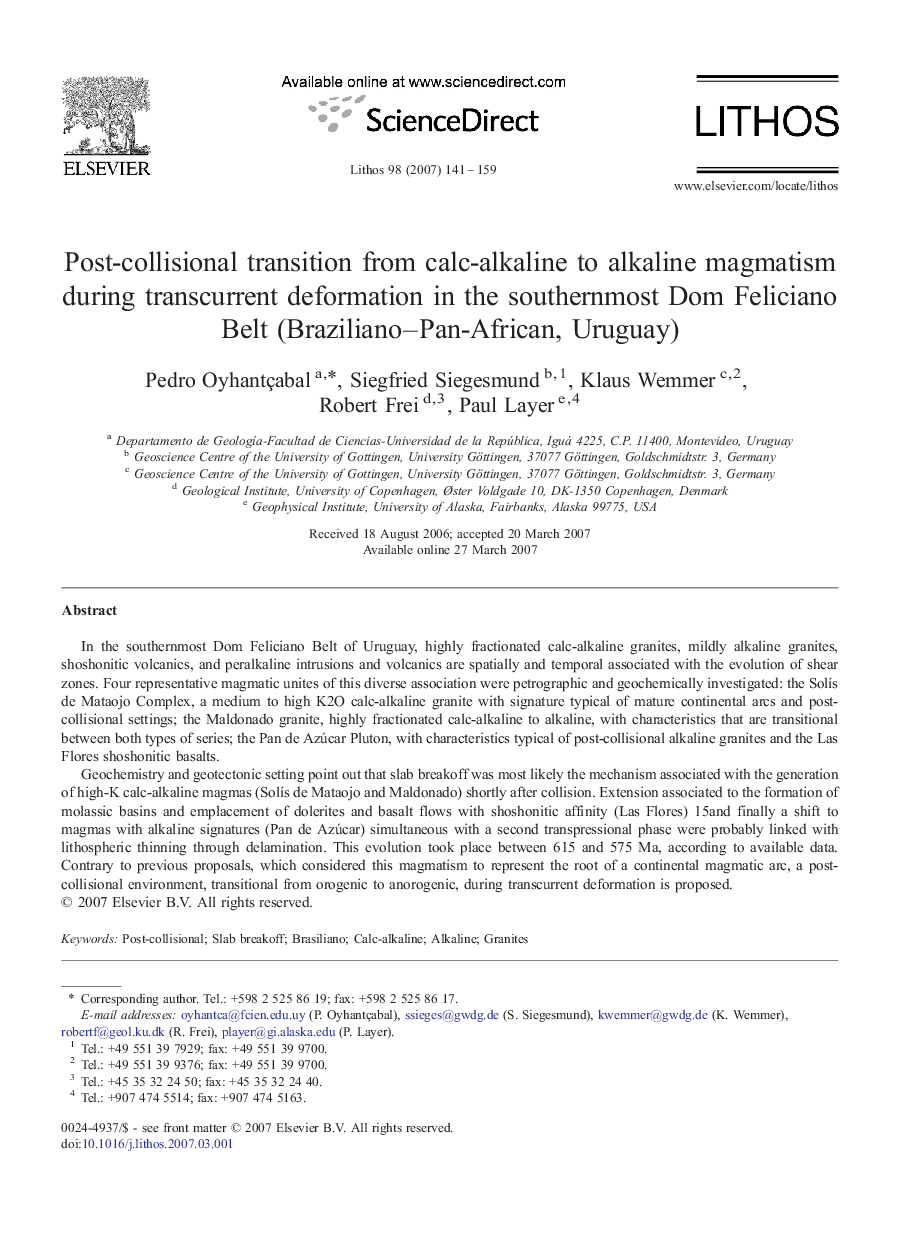 Post-collisional transition from calc-alkaline to alkaline magmatism during transcurrent deformation in the southernmost Dom Feliciano Belt (Braziliano–Pan-African, Uruguay)