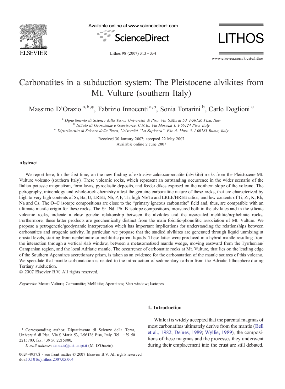 Carbonatites in a subduction system: The Pleistocene alvikites from Mt. Vulture (southern Italy)