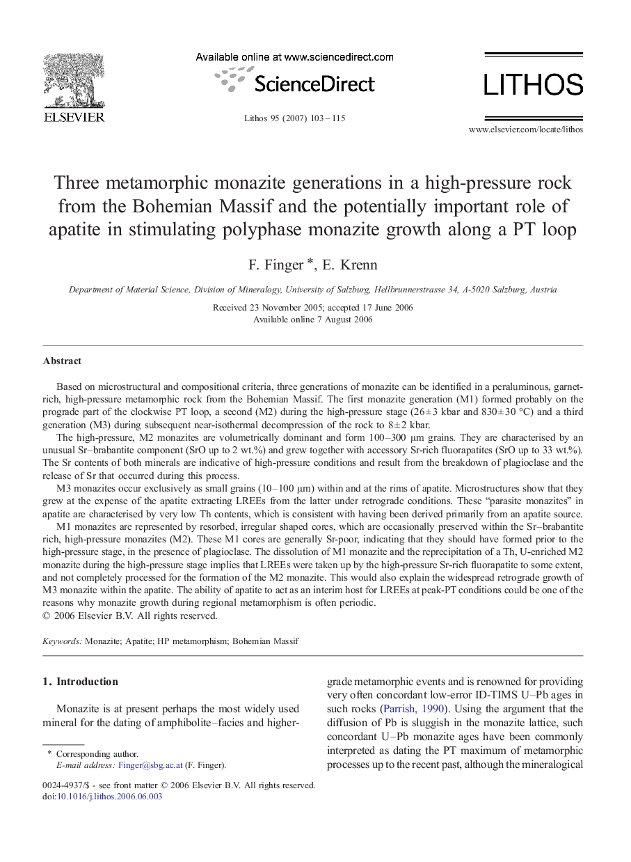 Three metamorphic monazite generations in a high-pressure rock from the Bohemian Massif and the potentially important role of apatite in stimulating polyphase monazite growth along a PT loop