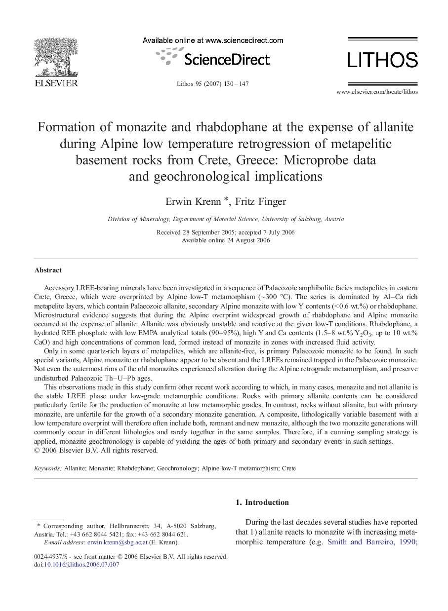 Formation of monazite and rhabdophane at the expense of allanite during Alpine low temperature retrogression of metapelitic basement rocks from Crete, Greece: Microprobe data and geochronological implications