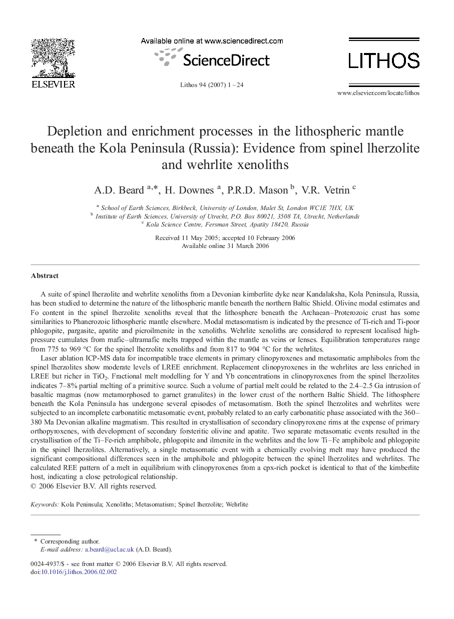 Depletion and enrichment processes in the lithospheric mantle beneath the Kola Peninsula (Russia): Evidence from spinel lherzolite and wehrlite xenoliths