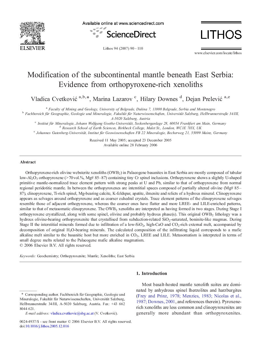 Modification of the subcontinental mantle beneath East Serbia: Evidence from orthopyroxene-rich xenoliths