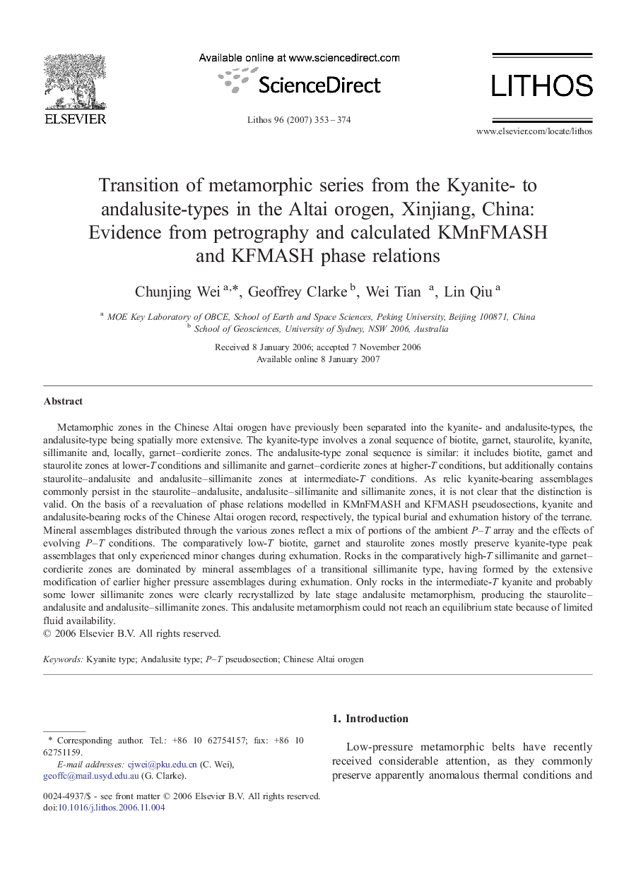 Transition of metamorphic series from the Kyanite- to andalusite-types in the Altai orogen, Xinjiang, China: Evidence from petrography and calculated KMnFMASH and KFMASH phase relations
